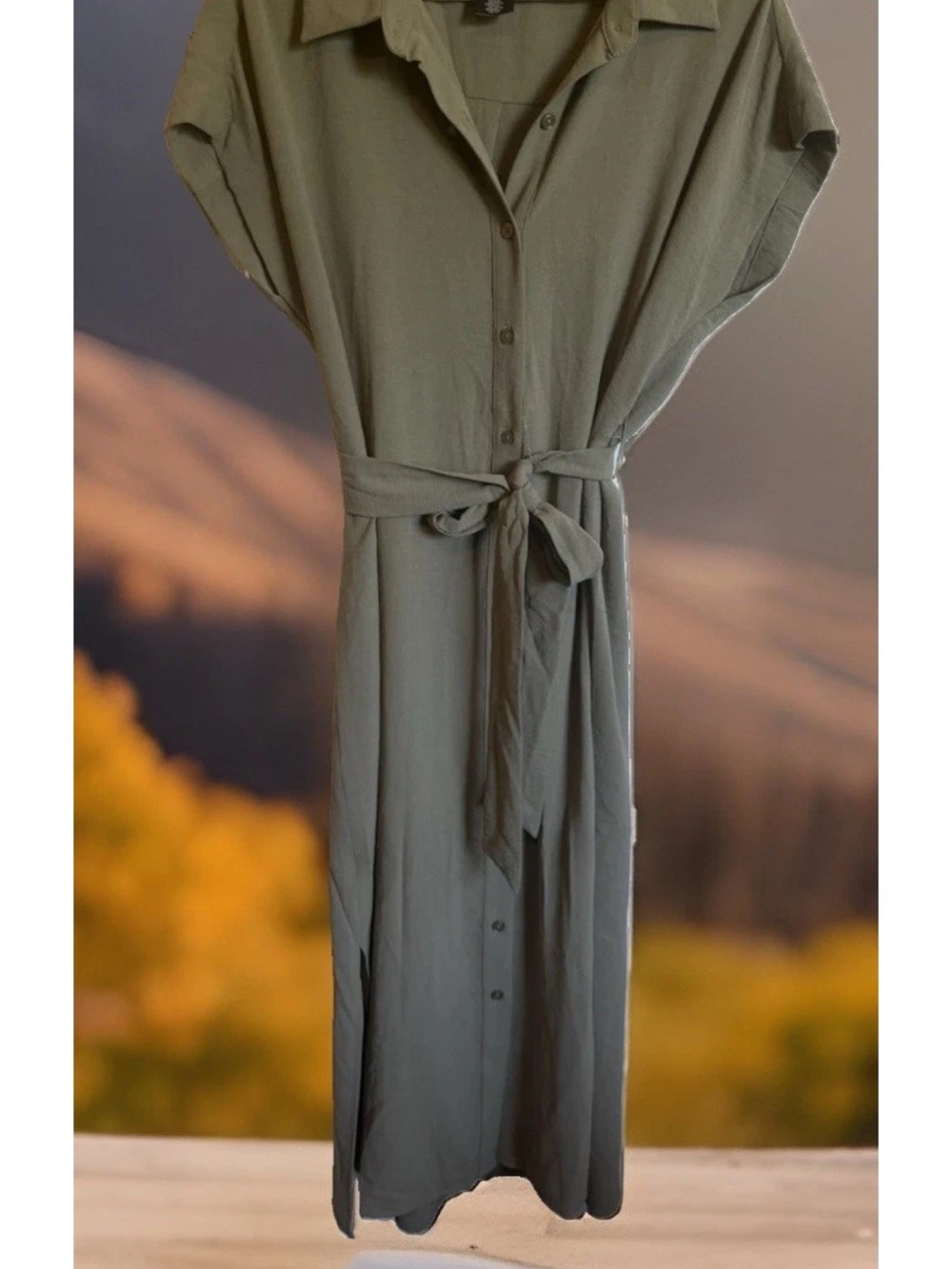 DKNY Olive Green Button-Front Midi Shirt Dress with Tie
